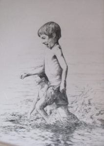 "Boys running on the beach", pencil