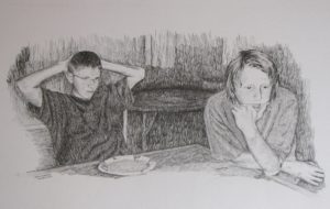 "Table Conversation" 13x20 pencil drawing
