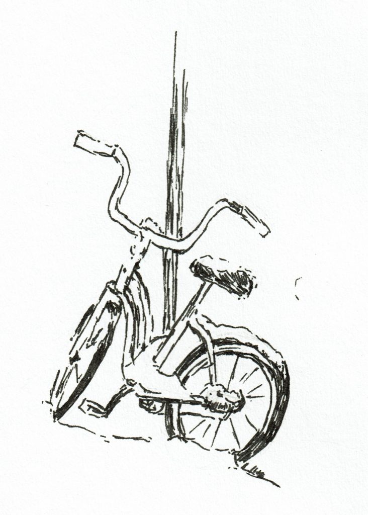 Bike in snow pen & ink quick sketch by John Huisman