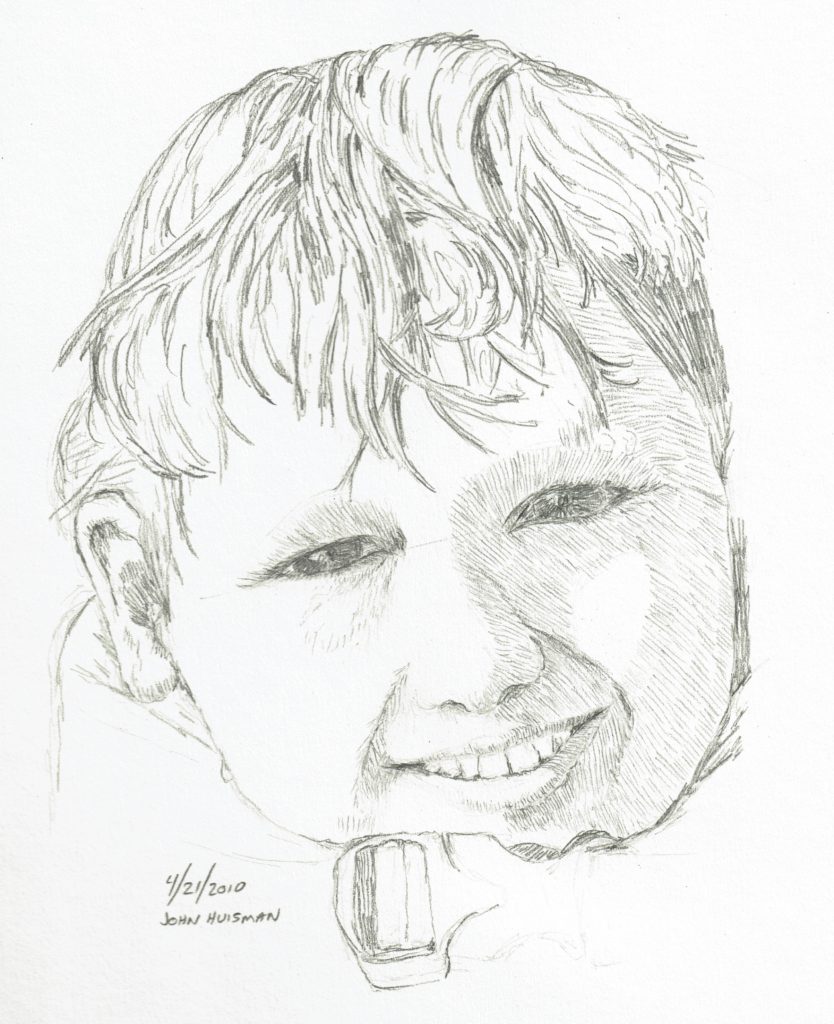 Face in life jacket, quick pencil sketch by John Huisman