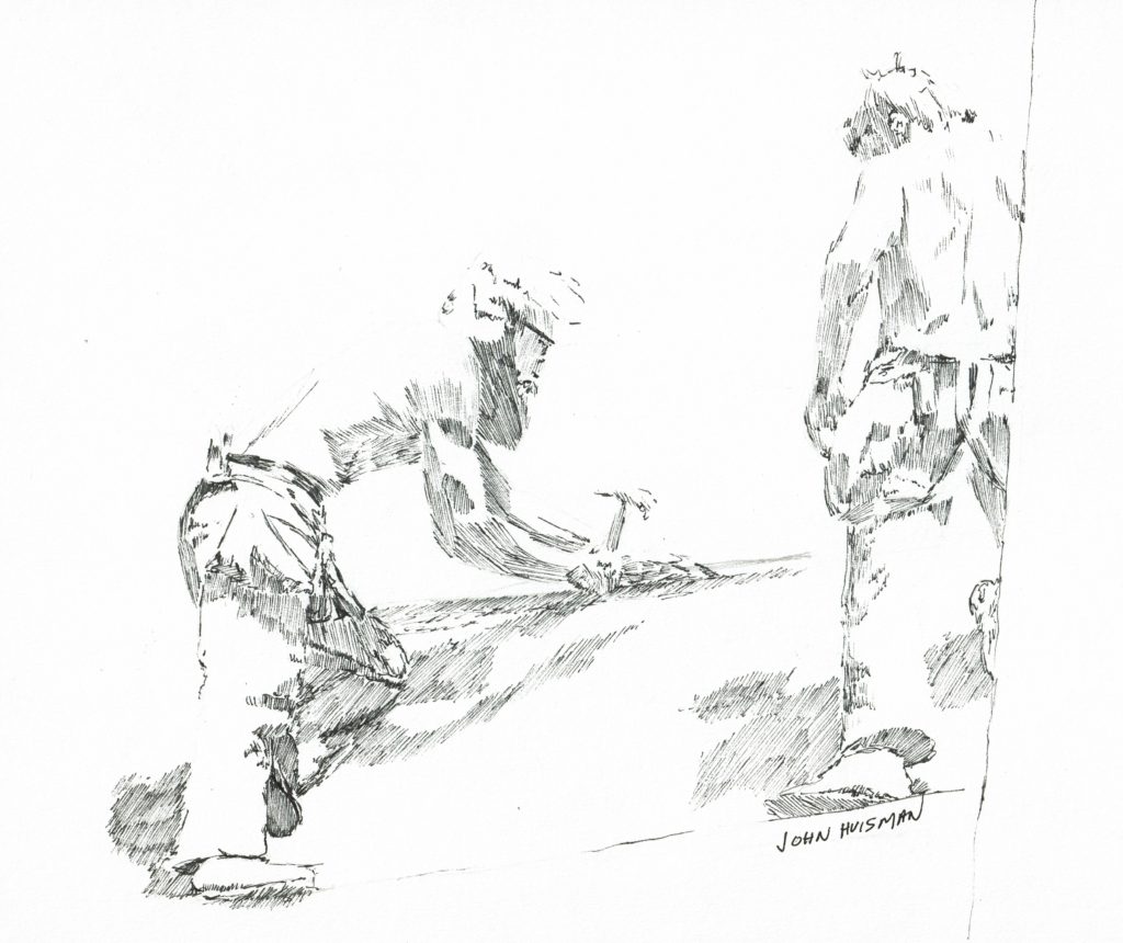 Len and Mike on the roof, pen and ink quick sketch by John Huisman