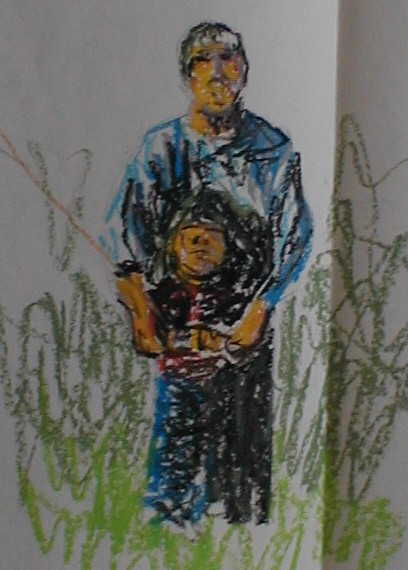 Oil pastel quick sketch of a father and son flying a kite
