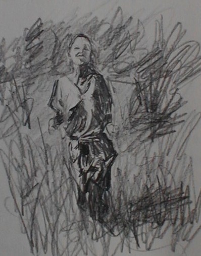 Pencil drawing of a woman running in meadow