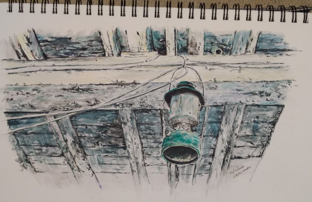 Dewey's barn, the lantern, watercolo and ink sketch by Minnesota Artist John Huisman