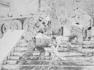Pouring the steps, 18x24 pencil drawing by John Huisman