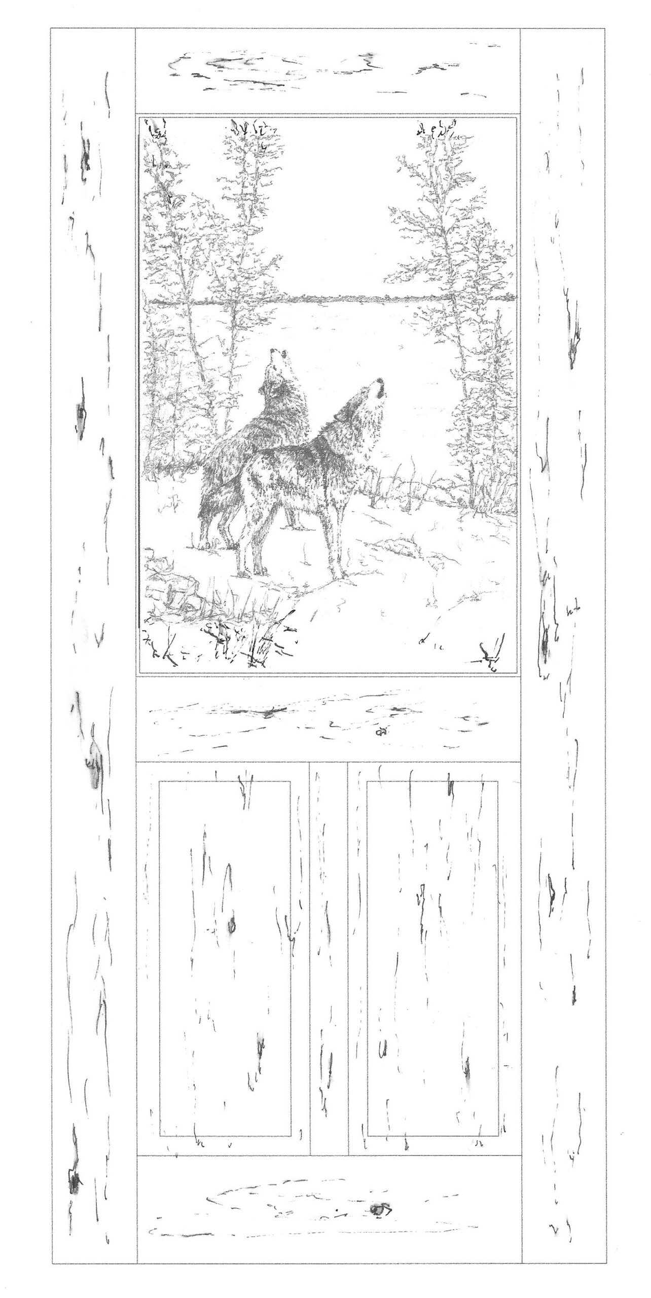 Carved door, timber wolves sketch Carved door, timber wolves sketch