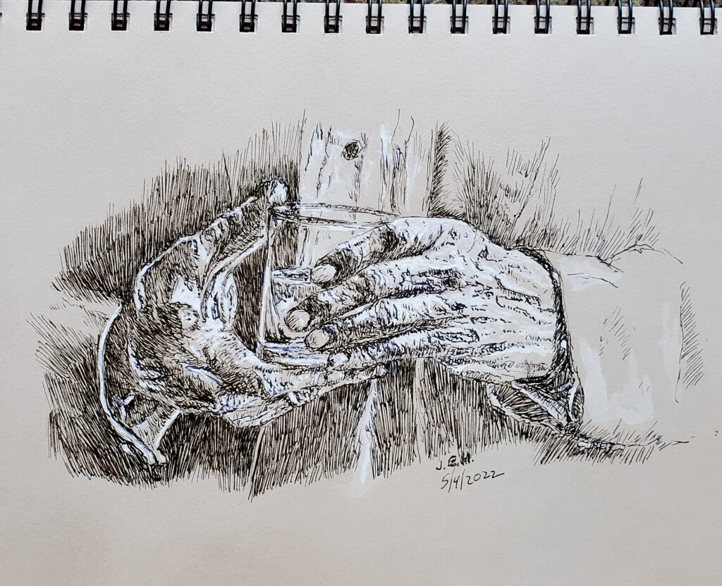 Hands holding a glass, pen and ink sketch by Minnesota artist John Huisman