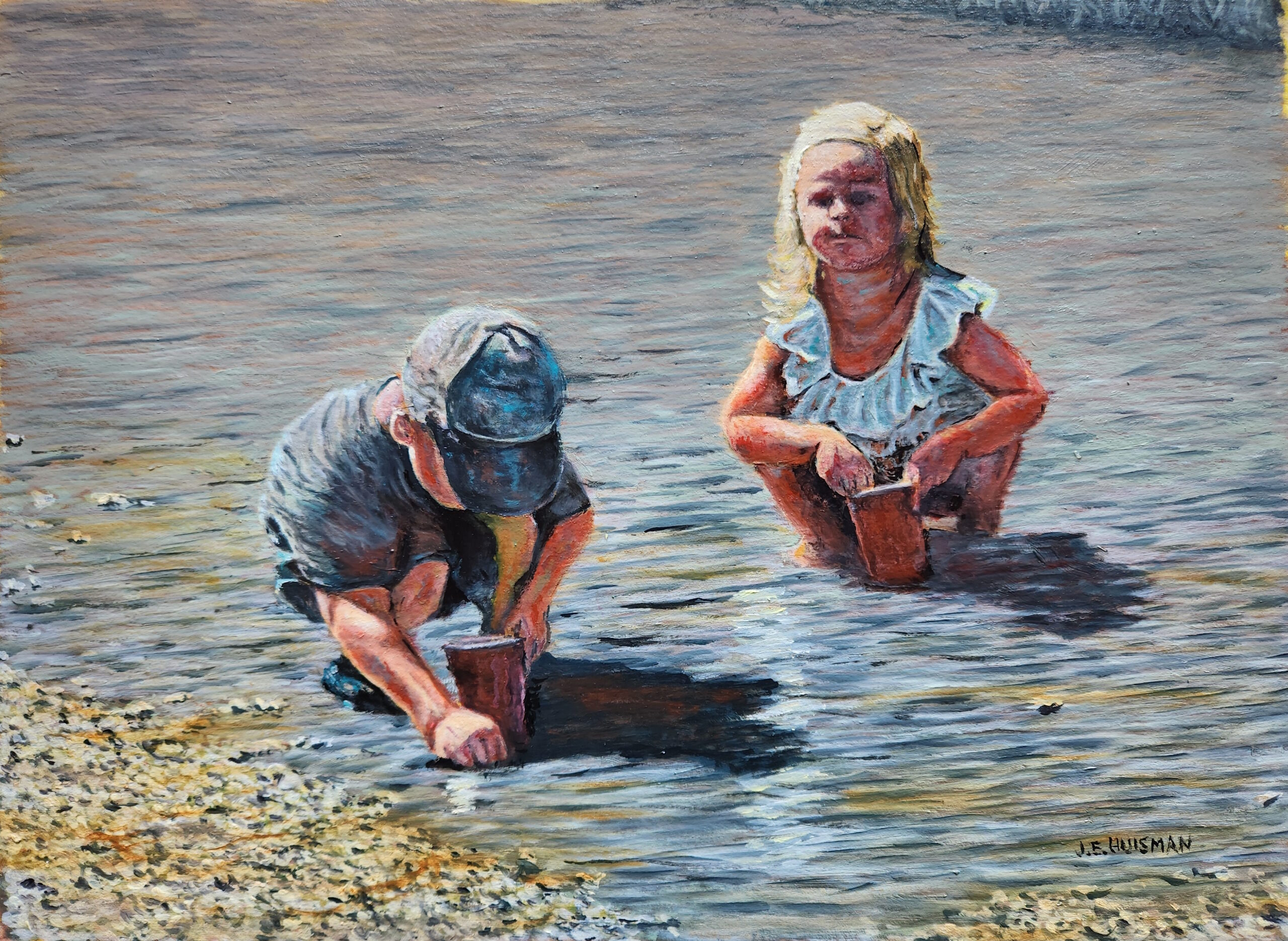 An oil painting of two small children in shallow waters edge titled "Pebbles and Time" by Artist John Huisman